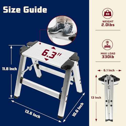 Foldable Step Stool | Metal Folding Step Stool, 330 lbs | Ultralight Aluminum, Anti-Slip & Secure Lock Design, Small Stool for Adults, Kids, Seniors | Home, Kitchen, Outdoor | Heavy Duty