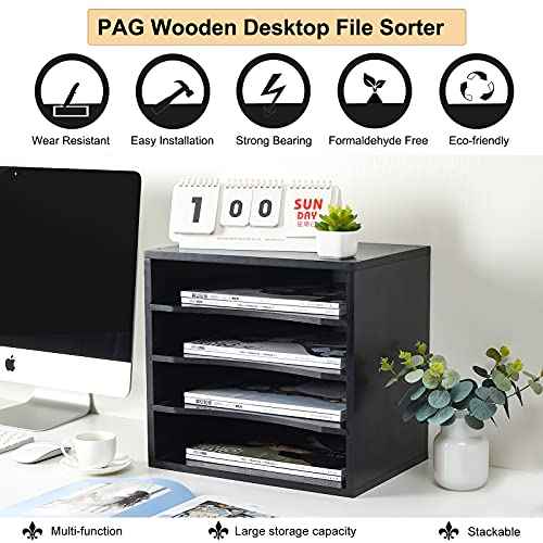 PAG Mail Sorter Organizer, Wood Countertop Literature Organizer, Office Supplies Desktop File Bill Paper Organizer for Office Home School, 4 Compartments, Black