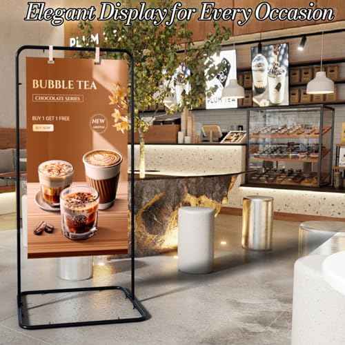 Wedding Sign Holder,Adjustable Welcome to Our Wedding Sign Stand with 2 Pack Leather Hanging Straps Heavy Duty Easel Rack Seating Chart Metal Stand for Birthday Party Baby Shower Graduation Ceremony Decoration,Black
