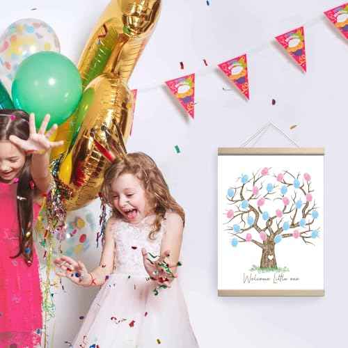 QZCYU Gender Reveal Fingerprint Tree Canvas Guest Books, Baby Shower Decorations, Gender Reveal Party Decorations Gifts Ideas, Baby Shower Party Supplies, Thumbprint Hanging Paintings(12x15in)