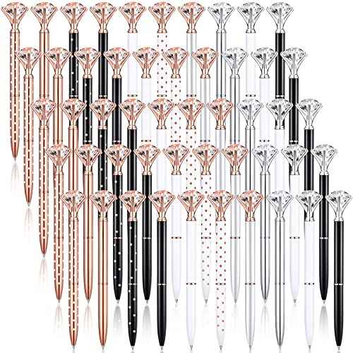 Leinuosen 50 Pieces Bridal Shower Crystal Diamond Pens Bulk Wedding Bling Ballpoint Pen with Diamond on Top for Women Girls School Office Supplies Gifts(Classic Color)
