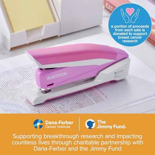 Bostitch Office InPower Spring-Powered Desktop Stapler, 20 Sheet Capacity, One Finger Stapling, Includes 210 Staples, Jam Free, Opens for Tacking, Breast Cancer Awareness Pink