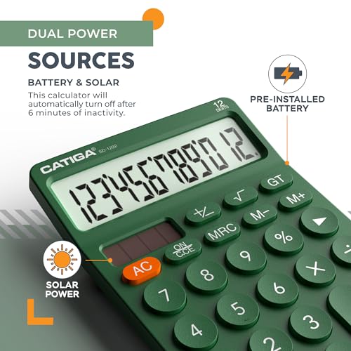CATIGA 12 Digit Desktop Calculator Basic Desk Calculator with Large LCD Display, Big Buttons, 4 Function, Solar and Battery Dual Power, for Office, School, Home, SD-1292 Green