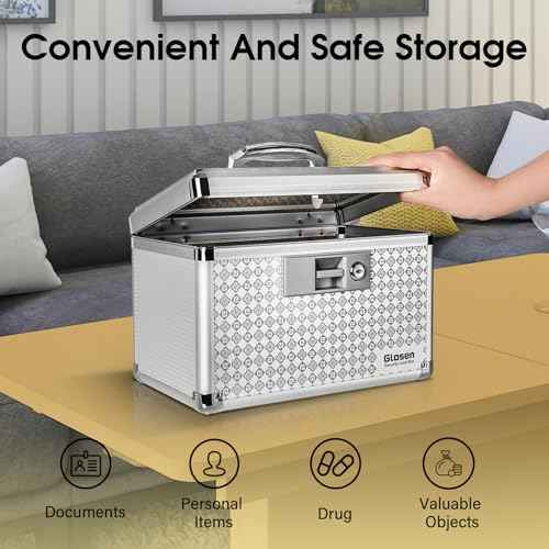 Glosen Medicine Lock Box Storage Lock Box Grey 12 X 7.68 X 7.87 Inch ¡¼Medium¡½ Lockable Dorm Storage Trunk with Key Lock - Briefcase, Lock Boxes for Personal Items