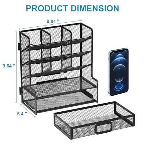 Marbrasse Larger Mesh Desk Organizer with Drawer, Multi-Functional Pen Pencil Holder, Easy Assembly, Desk Organizers and Accessories for Office Art Supplies (Black)
