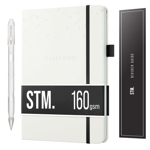 Black Paper Bullet Dotted Journal Notebook | B5 Starry Night by Scribbles That Matter | Free white gel pen | 160gsm Blackout no-bleed dot grid paper | For Men and Women | 7 x 10 in | White