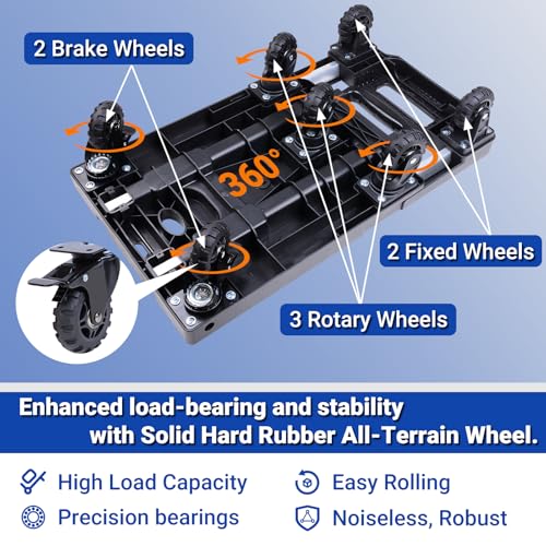 Upgraded 600LB Heavy Duty Folding Hand Truck Dolly, Light Weight Utility Dolly Platform Cart with 7 Wheels, Brakes, Handle Lock, and 2 Elastic Ropes for Luggage, Moving, Shopping Use