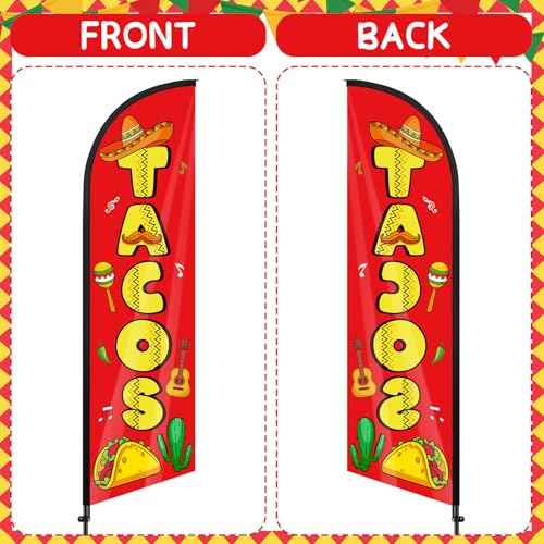4 Pcs Mexican Food Tacos Feather Flag 7. 9 ft x 23. 6 Inch Mexican Restaurants Advertising Banner Sign for Burritos Tamales and Welcome Advertising Flags Businesses Markets Outside