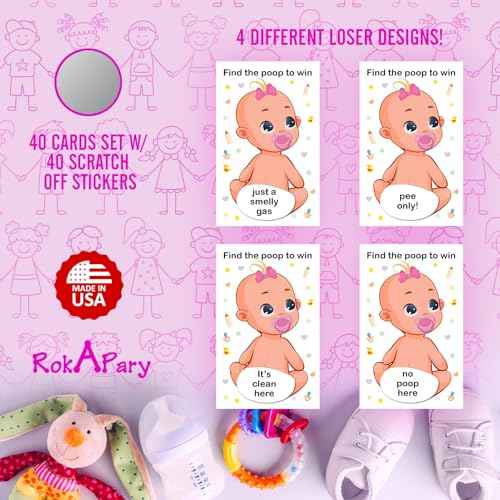 RokAPary Baby Shower Girl Scratch Off Poop Game, Easy to Play Silly Games, Funny Idea, Ice Breaker Activity. Raffle Cards, Pink Pacifier, Set of 40 Cards Made in USA