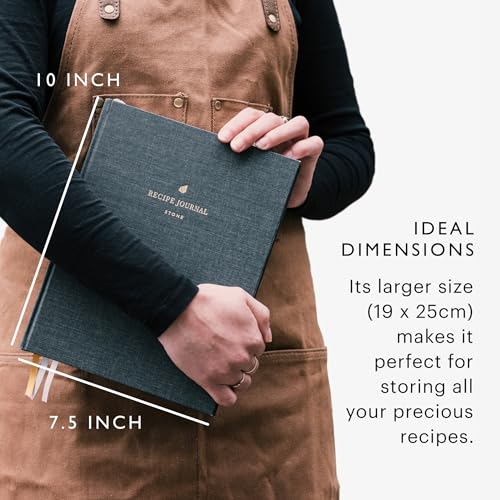 Stone Recipe Journal ? 25 x 19 cm Waterproof Paper, 192 Lined Pages with A?Z Index, Conversions & Seasonal Produce, Durable Cotton Cloth Hardcover, Eco-Friendly Kitchen Notebook