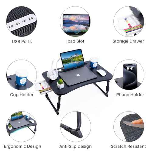 Laptop Desk for Bed, Height Adjustable Laptop Bed Table, Foldable Portable Lap Desk Stand with USB/Storage Drawer/Cup Holder/Slot, Breakfast Tray for Working Reading Writing Eating