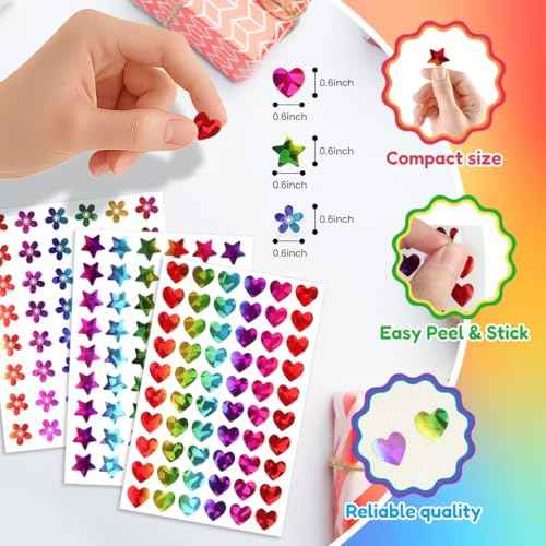 1,620 Holographic Stickers for Kids' Rewards:Shiny Small Stars, Flowers, and Hearts (0.6") for School, Classroom, Student, and Teacher Supplies, Behavior Reward Charts,DIY