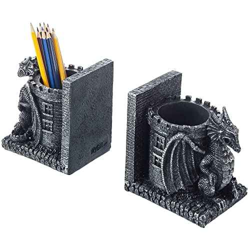 Bookends Dragon, Gothic Black Resin Dragon Guarding Castle Pencil Cup Bookends, Office Desk Book Ends with Decorative Fantasy Dragons and Stone Tower Pen Holders, 1 Pair