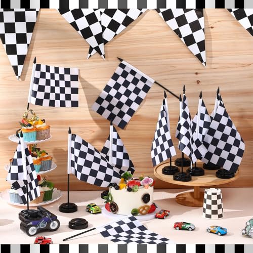 Mindsoft 12 Pcs Checkered Racing Flags on 12-Inch Poles for Desk & Event Decor