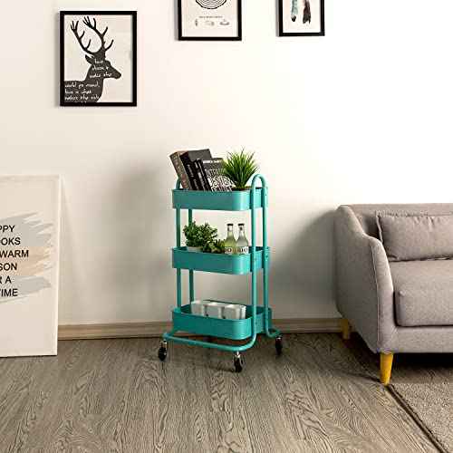 3-Tier Metal Rolling Storage Cart Organizer Cart Storage Shelves for Office, Studio,Kitchen, Bathroom (Blue)