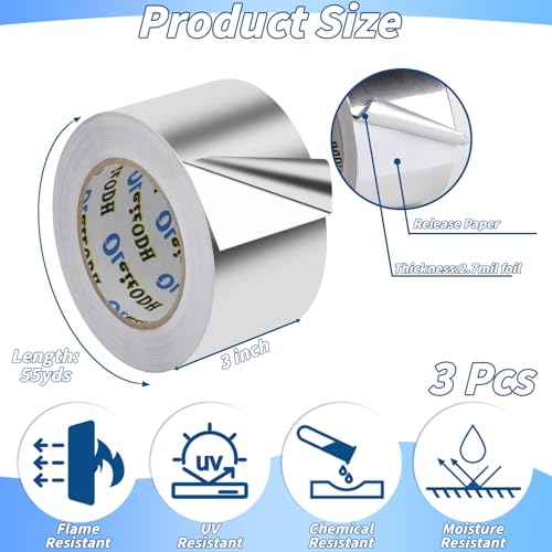 3 Pack Aluminum Foil Tape Bulk - 3 Inch x 55 Yards - Heavy Duty Metal Duct Tape, Aluminum HVAC Tape for Sealing & Patching, Air Ducts, Insulation Metal Repair, Professional Grade