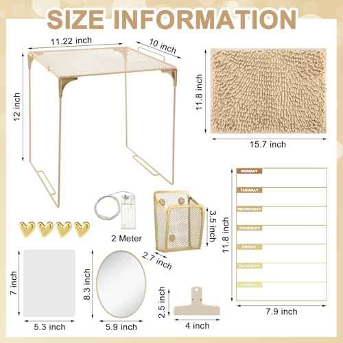 TecUnite Locker Accessories Kit - Magnetic Whiteboard, Shelf, Course Schedule, Mirror, Pen Holder, Dry Erase Pen, Rug, Clips, Light String - 14 Pcs Locker Decorations & Organizer(Gold,Heart Style)
