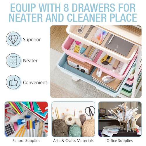TOOLF Rainbow 8-Drawer Rolling Storage Cart with wooden top — classroom, office & home organization