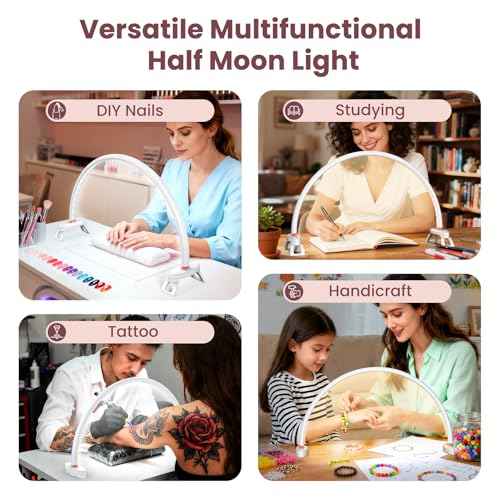 Yokilly Arc Half Moon Light: 20" Half Moon Light with Foldable Bracket for Desk Salon Table Use - No Flicker & Shadow-Free Desk Lamp with Stepless Brightness 3000-6500K for Manicurist Nail Tech