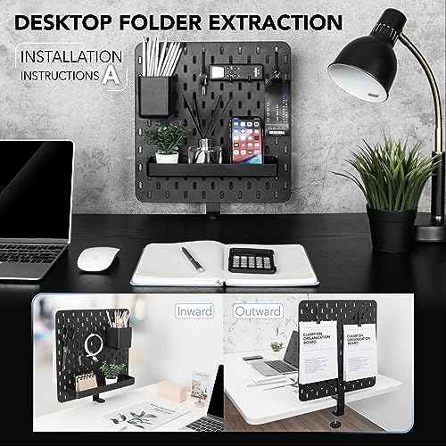 EHO Clamp-On Desk Pegboard, 13.5 x 14 inch Privacy Divider, Desk Partition Panel, No-Drill Desk Mounted Organizer, Combination Peg Board for Office, Gaming, Home, Plants, Black
