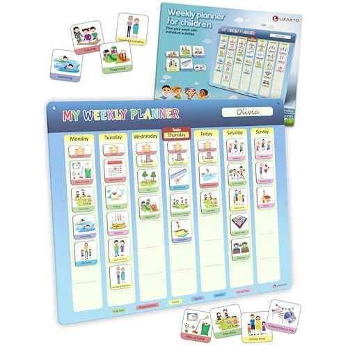 LIKARTO¢ç Weekly Planner for Children - Montessori Magnetic Board incl 194 Magnets & Cord - Fully Writable & Wipeable - Encourages Independence