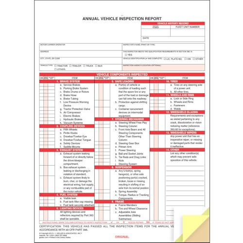 J. J. Keller Annual Vehicle Inspection Report Form 50-pk. - Snap-Out Format, 3-Ply, Carbonless, 8.5" x 11.75" - Meet DOT AVIR Requirements Under 49 CFR 396.21