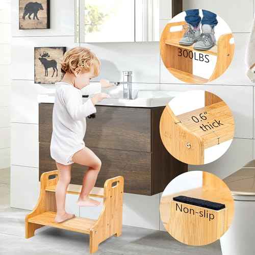 H&B Luxuries Bamboo Step Stool for Bathroom Kitchen Shelf Footstool for Bed Wooden Step Stool for Adults & Kids