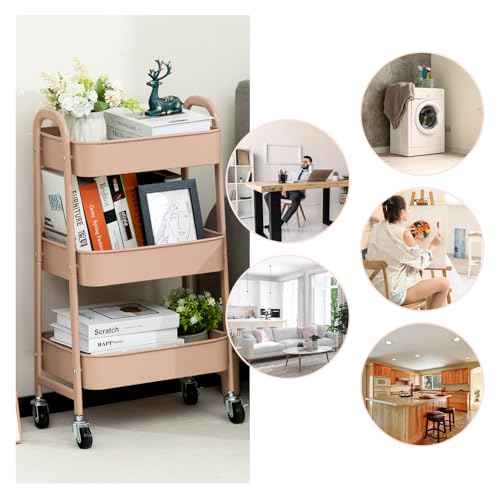 AGTEK Makeup Cart, Movable Rolling Organizer Cart, 3 Tier Metal Utility Cart with Lockable Wheels for Home & Office, Milk Tea