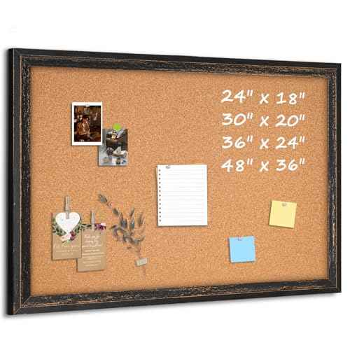 Cork Board Bulletin Board - 24" x 18" - Rustic Black Frame Corkboard for Wall - Decorative Pin Board, Message Board, Vision Board, Picture Board, Photo Board