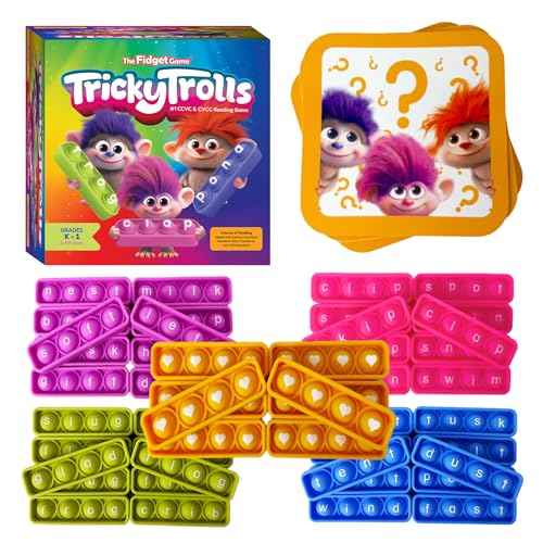 THE FIDGET GAME Tricky Trolls CCVC & CVCC Reading Game, Mini Pop Sensory Toy to Learn and Spell, Educational Kindergarten Classroom Activities, Multisensory Phonics Flash Cards for 4+ Years