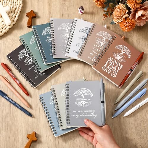 Kosiz 80 Pcs Christmas Christian Gifts Bulk Prayer Journal Religious Bible Verse Spiral Notebook with Pen Tree of Life Notepad Church Gifts for Women Sunday School Teacher (Boho Color)