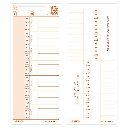 uPunch 100 Time Cards for CR1000 Digital Time Clock and Date Stamp