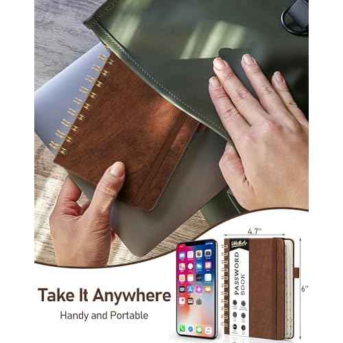 WEMATE Password Book with Alphabetical Tabs, Spiral Password Keeper Book for Seniors, Internet Password Notebook Password Journal Logbook Log in Detail, Small ? 4.7''x 6'' (Brown)