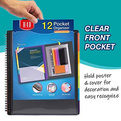 H4D 12 Pocket Poly Project Organizer, Spiral Multi Pocket Folder Organizer, Multi-Subject Folder Notebook, Letter Size