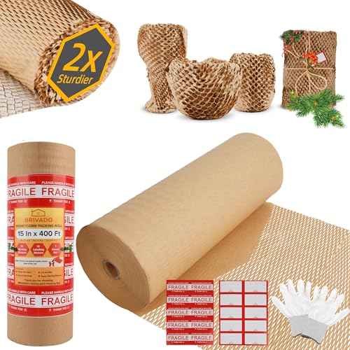 Honeycomb Packing Paper 15"x400' Roll with Fragile & Labeling Stickers, Gloves - Bubble Wrap for Moving,Products & Gifts Wrapping Paper, Recyclable & Biodegradable Cushioning Packing Material