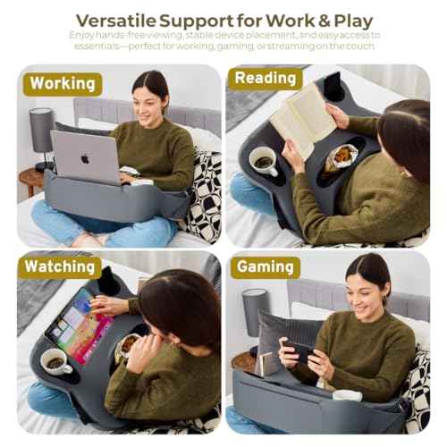 Lap Desk Pillow - Cushioned Lap Pillow for Reading, Gaming, Work & Travel, Soft & Portable Laptop Desk for Bed, Couch, or Car, Ergonomic Support for Laptops & Tablets (Grey)