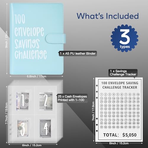 Koboome Blue 100 Envelopes Money Saving Challenge Binder - Fun Budget Planner