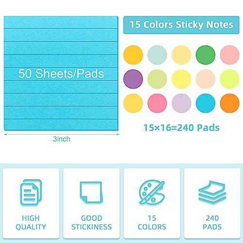 Seajan 240 Pads 3 x 3 Inch Sticky Notes Notepads Multi Bright Colors Self Sticky Pads for Students Teachers School Office Supply Desk Accessory 15 Colors, 50 Sheets Each(Neon,Line)