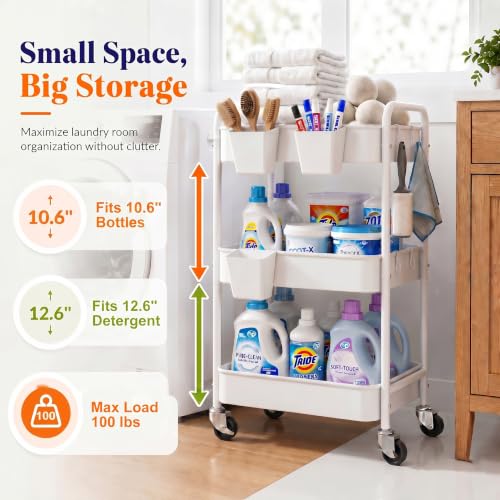 Aofure White 3-Tier Metal Rolling Cart with Wheels, Cups & Hooks - Multi-Purpose Storage