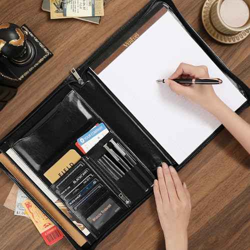 Vegan Leather Portfolio, Zippered Portfolio Binder Personalized Business Padfolio with Tablet Holder for A4 Letter Size Notepad & 13 Inch Laptop/Tablet - Black