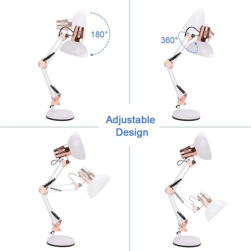 PowerKing Adjustable Metal Swing Arm Desk Lamp - 2-in-1 Function with Base & Clip | White & Rose Gold