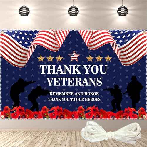 Veterans Day Decorations Backdrop 71x43 Inch ? Thank You Veterans Patriotic Banner for Memorial Day & Veterans Day, Large Indoor/Outdoor Photography Background with 19.69ft Ribbon & 4 Brass Grommets