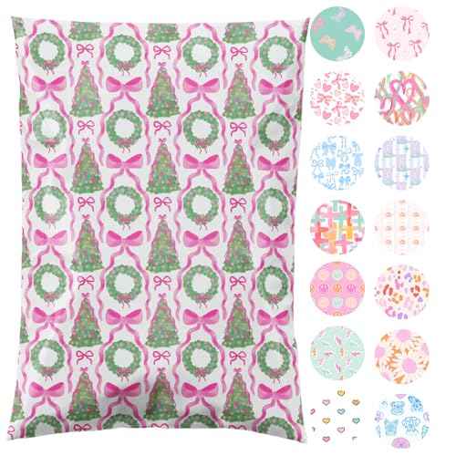 14.5x19 Designer Poly Mailer 100 Pack Heavy Duty Waterproof Self Seal Shipping Bags for Small Business Large Mailing Envelopes Bulk Tear Resistant Packaging Coquette Christmas Holiday Bows