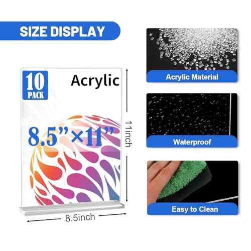 10 Pack Acrylic Sign Stand 8.5 X 11, Vertical T-Shape Clear Plastic Display, Double-Sided Clear Table Top Sign Holder, Suitable for Office, Store