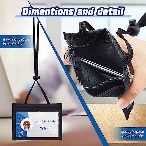 Tenceur 20 Pcs 4 x 3'' Neck Badge Holder with Adjustable Lanyard and Clear Window Polyester Name Badge Organizer with 3 Pockets Horizontal Zipper Pouch Vaccination Card Protector, Black