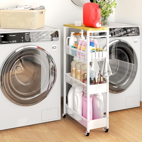 White 7.1-Inch Wide Slim Metal Storage Cart with Wood Top - Mobile Organizer