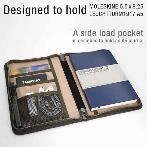 A5 YKK Zipper Notebook Journal Planner Sketchbook Cover for 5.5 x 8.25 Moleskine Cahier 5 x 8 legal note pads A5 LEUCHTTURM, Pen Loop, Water Resistant Cover, Classy Waxed Canvas, Olive