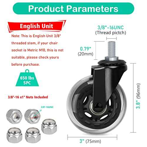 Hirate 3" Office Chair Casters Wheel with 3/8"-16UNC Threaded Stem Heavy Duty Caster Replacement Smooth Rolling for Hardwood Floors, Set of 5 with Nylon Lock Nuts