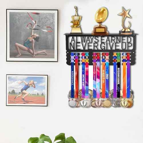 Upgraded Medal Display with Trophy Shelf & Ribbon Holder - Wall Mount Sports Medal Hanger with Motivational Words for Basketball, Gymnastics, Softball, Soccer, Swimming Awards