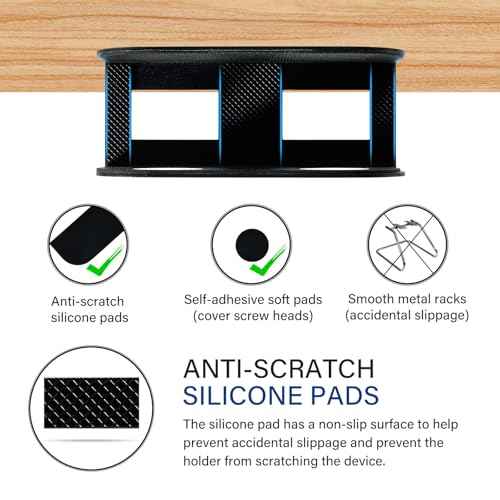 BYMECOST Under Desk Laptop Storage Mount, Metal Under Desk Device Holder, for Devices Up to 1.37" Thick, MacBook, Mini, Keyboard, Router, with Anti-Scratch Silicone (Black)